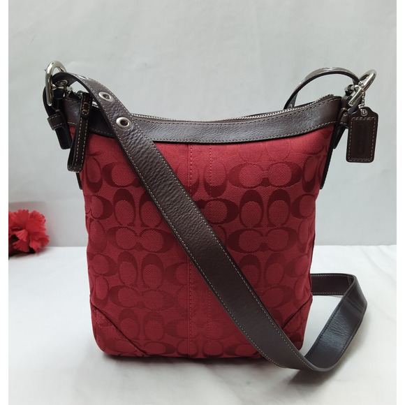 Coach Signature Red Canvas Leather Trim Zipper Closure Duffle Croosbody Bag - Picture 1 of 16